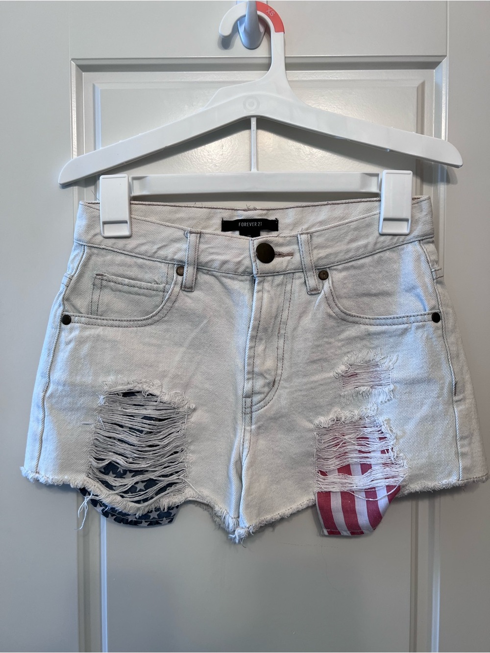 Forever 21 White Distressed Denim Shorts with Red & Blue Patch Detail